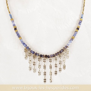 Collier pendentif Mayssan Plaqué Or 18 carats avec pierres naturelles : Saphir Pyrite Améthyste et pépites dorées