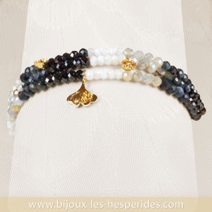 Mya : Bracelet 3 rangs Ginkgo Plaqué Or 18 carats Cristal Pyrite Tourmaline noire