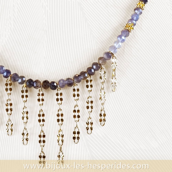 Collier pendentif Mayssan Plaqué Or 18 carats avec pierres naturelles : Saphir Pyrite Améthyste et pépites dorées