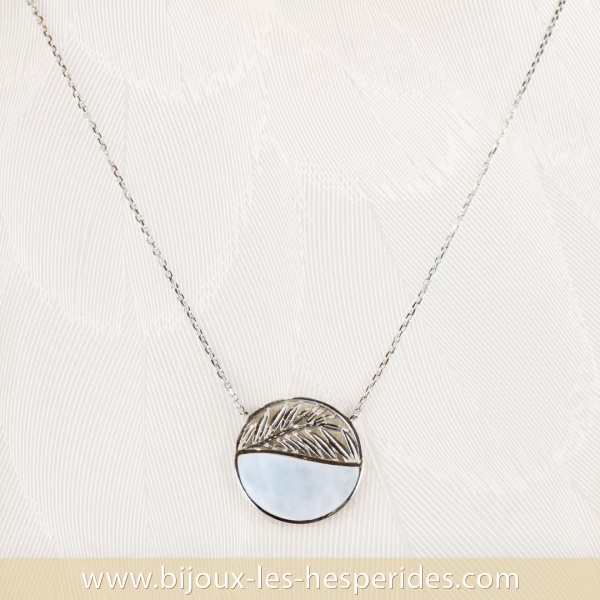 Collier pendentif Oasis Argent 925 Motif palmes Nacre blanche