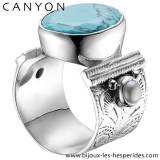 Canyon Anneau Argent Massif 925 Pierre Fine Turquoise Reconstituee Sertie Argent