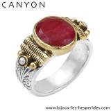 Canyon Bague Ethnique Argent Massif Pierre Fine Sillimanite Rouge Sertie Laiton Perles Blanches
