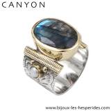 Canyon Bague Large Ethnique Argent Pierre Fine Labradorite Sertie Laiton Perles Blanches