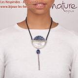 Cyclade Collier Disque et Ponpon Sodalite Nacre Blanche