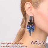 Deep Blue Boucles Oreilles Cascade Nacre Noire Corne et Lapis Lazuli